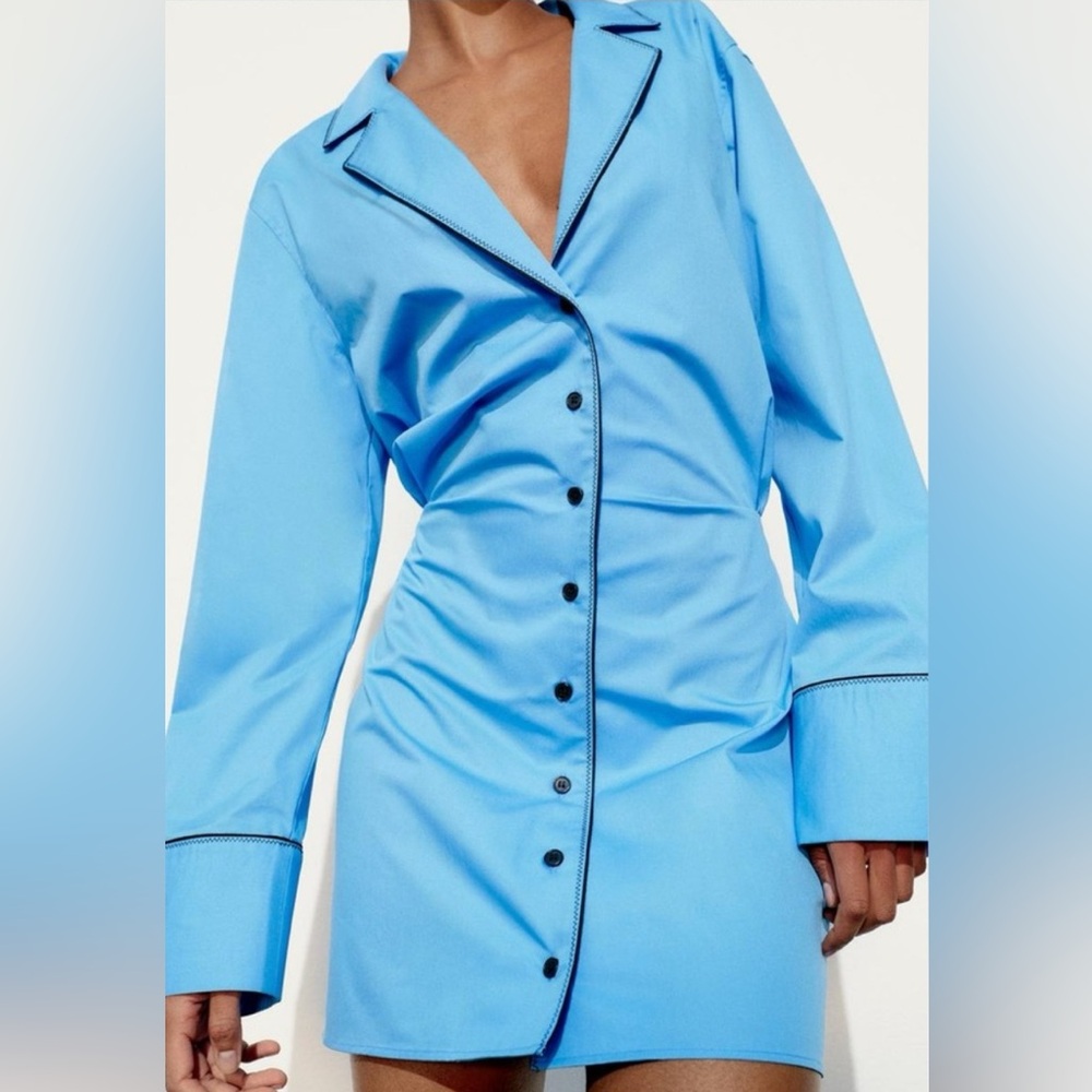 Zara Light Blue Long Sleeve Button-Front Mini Dress